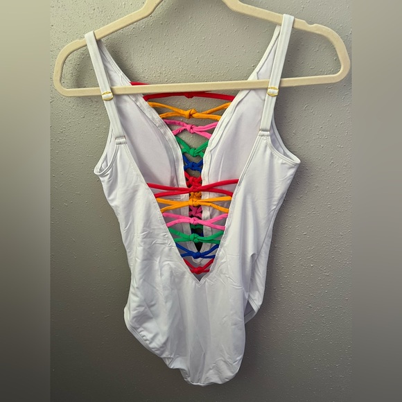 New Bleu by Rod Beattie Core-Lace-Down Mio One-Piece in White Rainbow - Picture 4 of 6